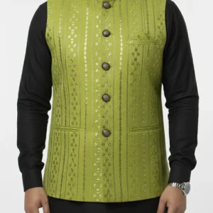 Men’s Designer Ethnic Waistcoat – Olive Green Embroidered Festive Jacket