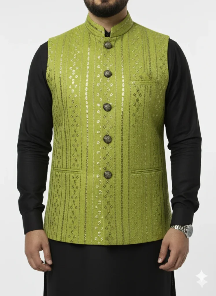 Men’s Designer Ethnic Waistcoat – Olive Green Embroidered Festive Jacket