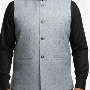 Men’s Designer Ethnic Waistcoat – Silver Grey Embroidered Festive Jacket