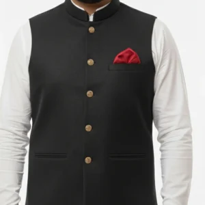 Jet Black Men's Waistcoat with Antique Gold Buttons | Designer Party Wear Wasket | Slim Fit Black Nehru Jacket