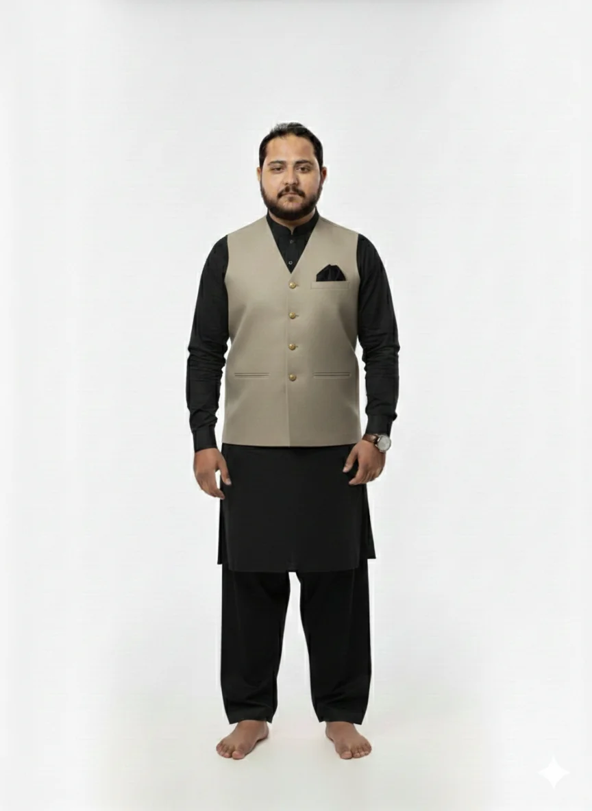 Luxury Beige V-Neck Waistcoat for Men | Khaki Color Premium Wasket with Metal Buttons | Stylish Mehndi/Barat Wear - Image 2