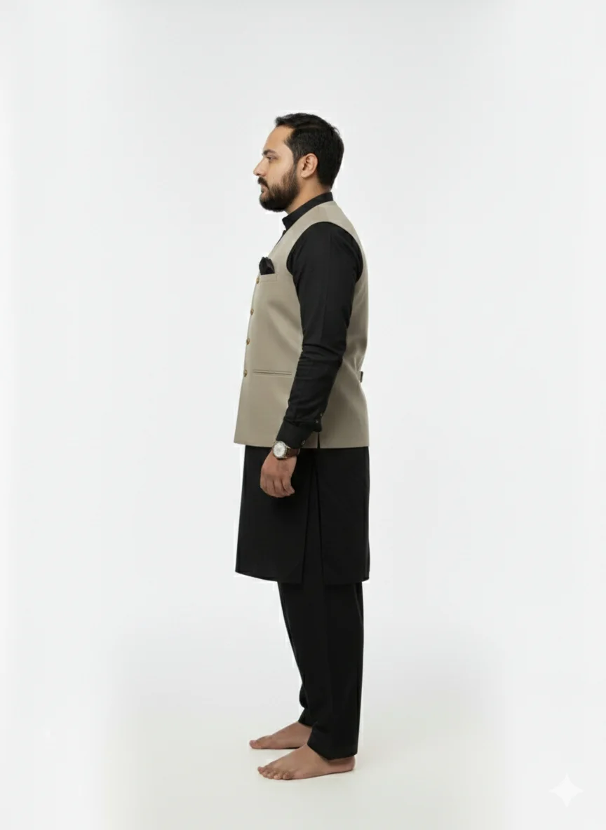 Luxury Beige V-Neck Waistcoat for Men | Khaki Color Premium Wasket with Metal Buttons | Stylish Mehndi/Barat Wear - Image 3