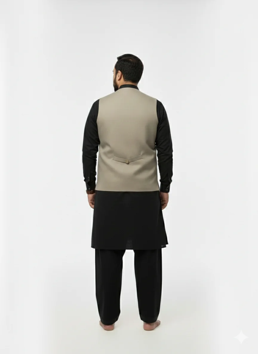 Luxury Beige V-Neck Waistcoat for Men | Khaki Color Premium Wasket with Metal Buttons | Stylish Mehndi/Barat Wear - Image 4