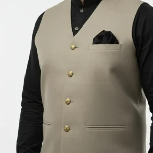 Luxury Beige V-Neck Waistcoat for Men | Khaki Color Premium Wasket with Metal Buttons | Stylish Mehndi/Barat Wear