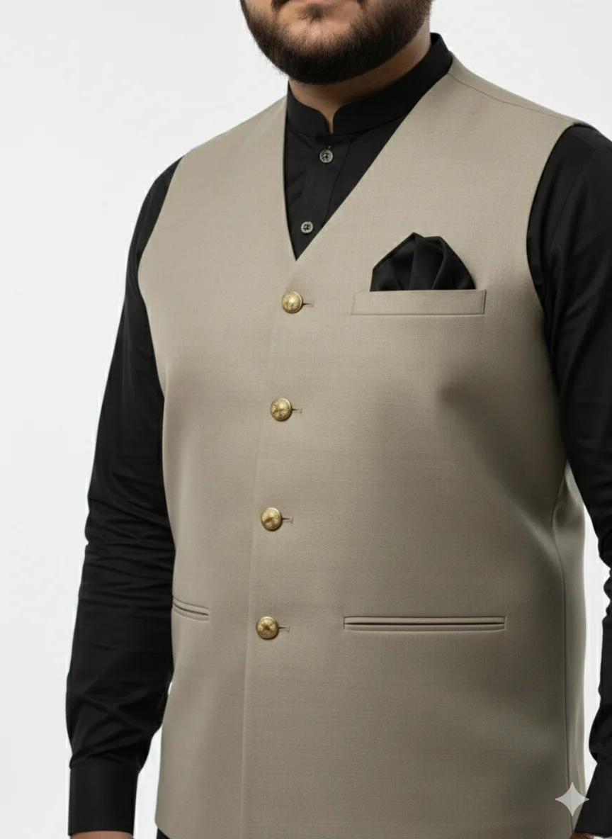 Luxury Beige V-Neck Waistcoat for Men | Khaki Color Premium Wasket with Metal Buttons | Stylish Mehndi/Barat Wear