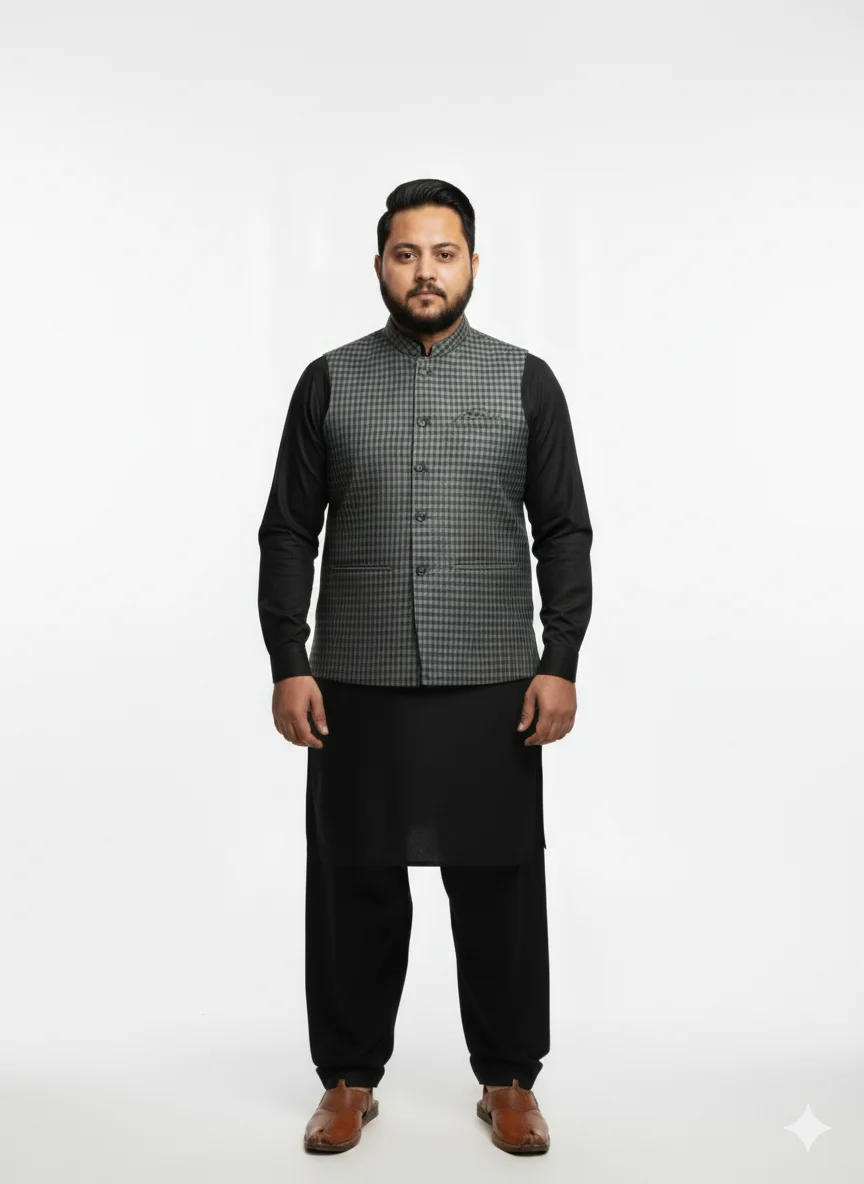 Elegant Grey Micro-Check Gingham Waistcoat | Men’s Textured Formal Vest | Premium Grey Checkered Waistcoat for Ethnic Wear - Image 3