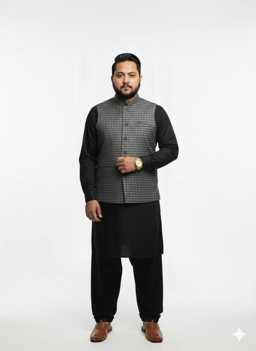 Elegant Grey Micro-Check Gingham Waistcoat | Men’s Textured Formal Vest | Premium Grey Checkered Waistcoat for Ethnic Wear - Image 2