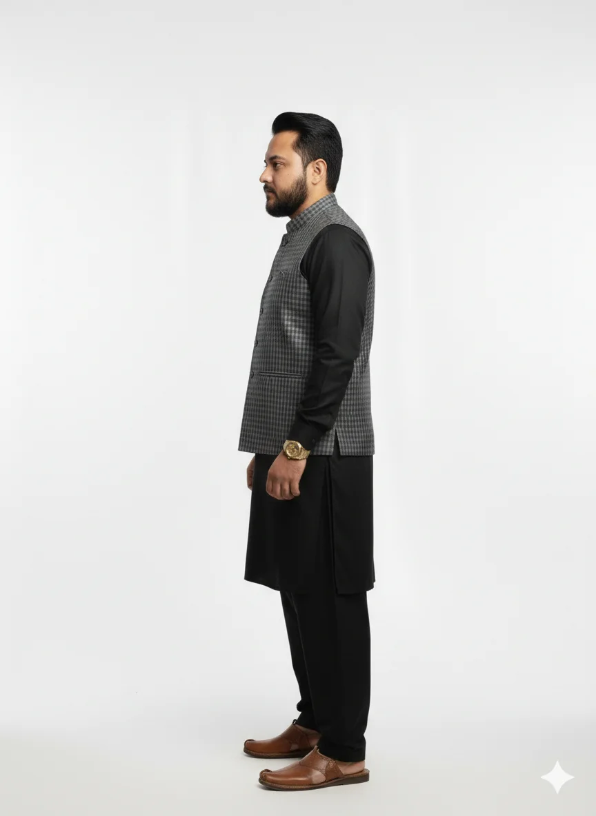 Elegant Grey Micro-Check Gingham Waistcoat | Men’s Textured Formal Vest | Premium Grey Checkered Waistcoat for Ethnic Wear - Image 4