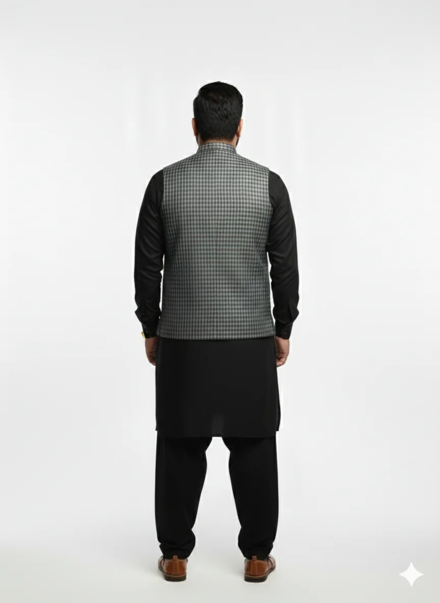 Elegant Grey Micro-Check Gingham Waistcoat | Men’s Textured Formal Vest | Premium Grey Checkered Waistcoat for Ethnic Wear - Image 5