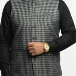 Elegant Grey Micro-Check Gingham Waistcoat | Men’s Textured Formal Vest | Premium Grey Checkered Waistcoat for Ethnic Wear