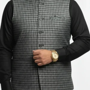 Elegant Grey Micro-Check Gingham Waistcoat | Men’s Textured Formal Vest | Premium Grey Checkered Waistcoat for Ethnic Wear