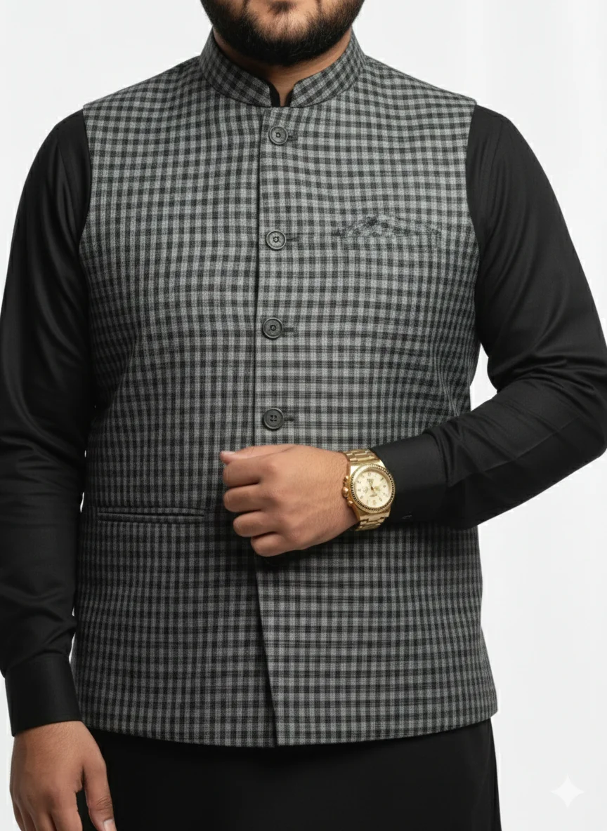 Elegant Grey Micro-Check Gingham Waistcoat | Men’s Textured Formal Vest | Premium Grey Checkered Waistcoat for Ethnic Wear