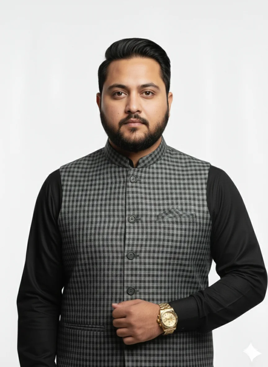 Elegant Grey Micro-Check Gingham Waistcoat | Men’s Textured Formal Vest | Premium Grey Checkered Waistcoat for Ethnic Wear - Image 6