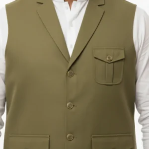 Premium Olive Green Cotton Waistcoat for Men | Safari Style Hunter Vest with Flap Pockets