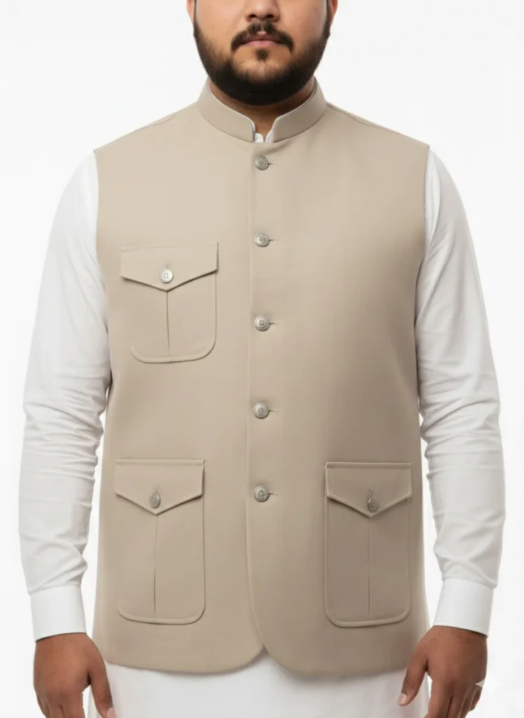 Men’s Khaki Safari Waistcoat with 3 Flap Pockets | Utility Style Khaki Vest | Casual Safari Waistcoat for Traditional Wear