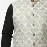 White & Gold Floral Jamawar Waistcoat | Luxury Embroidered Wedding Vest | Men’s Designer Floral Waistcoat for Grooms