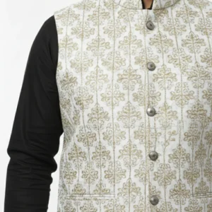 White & Gold Floral Jamawar Waistcoat | Luxury Embroidered Wedding Vest | Men’s Designer Floral Waistcoat for Grooms
