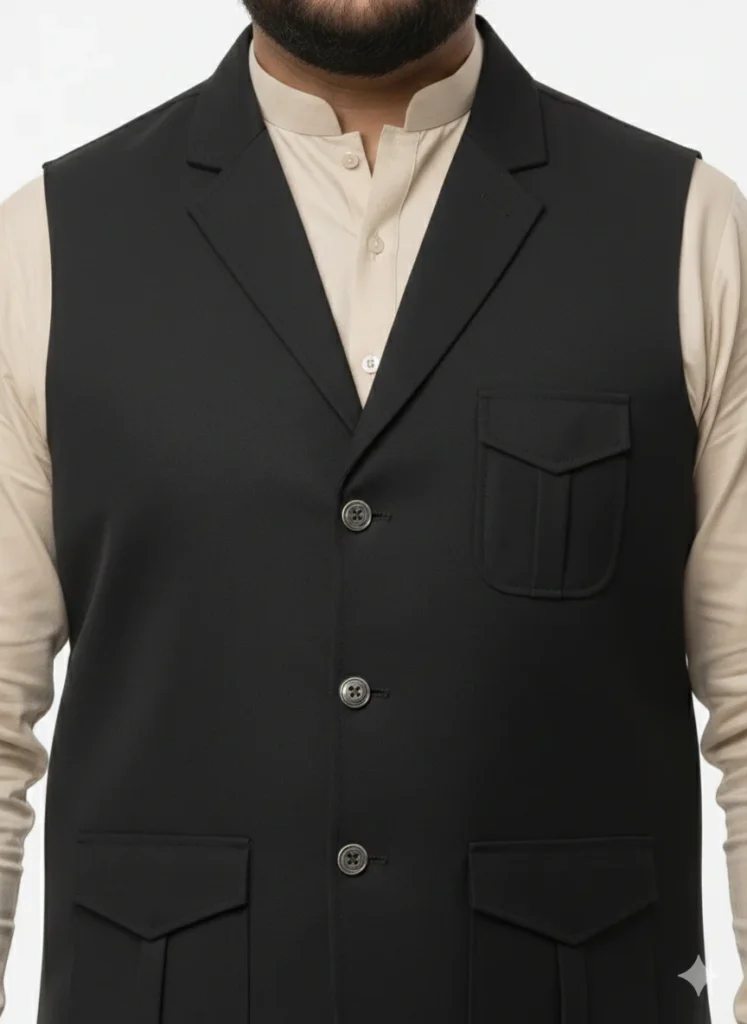 Premium Jet Black Safari Waistcoat for Men | Tactical 3-Pocket Hunter Style Vest | Men’s Black Cotton Waistcoat for Formal & Casual Wear