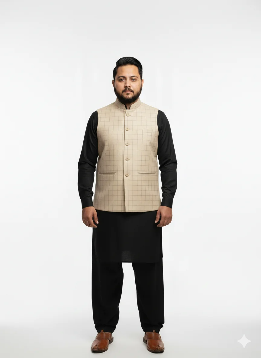 Luxury Beige Grid Check Waistcoat for Men | Formal Windowpane Pattern Vest | Men’s Designer Waistcoat for Wedding & Office - Image 2