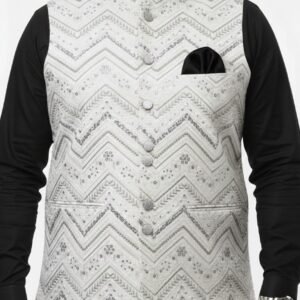 White Zigzag Embroidered Ethnic Waistcoat