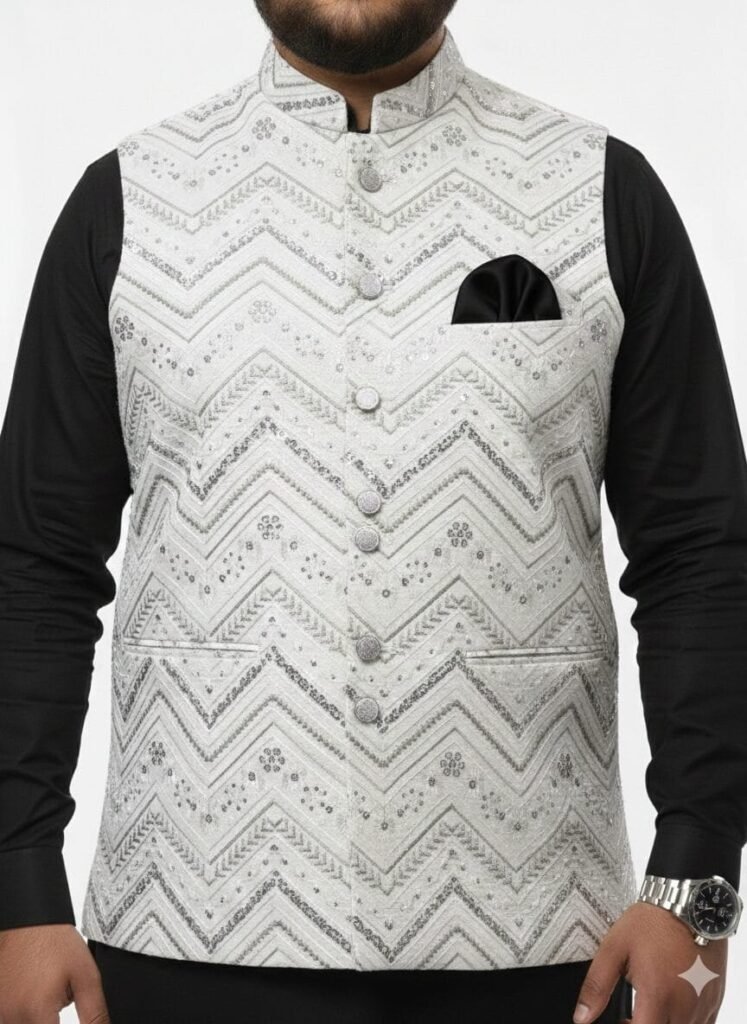 White Zigzag Embroidered Ethnic Waistcoat