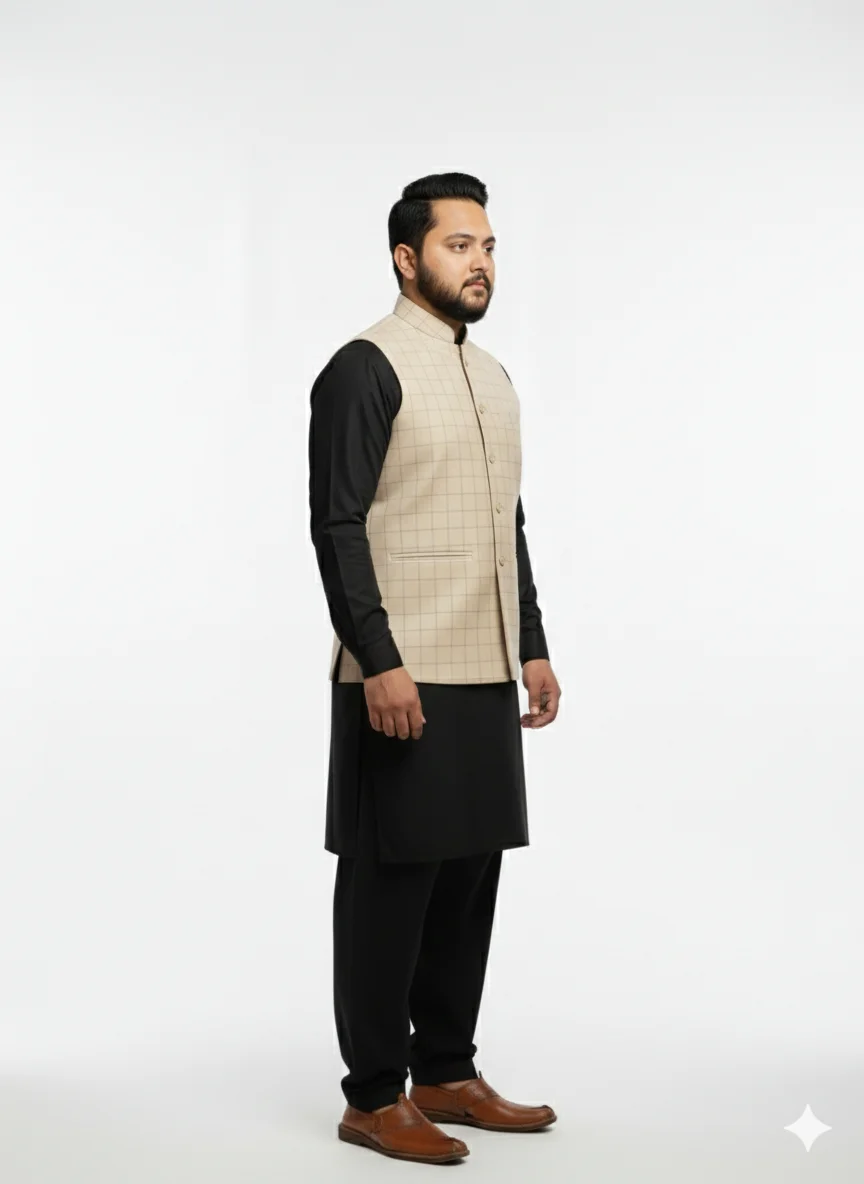 Luxury Beige Grid Check Waistcoat for Men | Formal Windowpane Pattern Vest | Men’s Designer Waistcoat for Wedding & Office - Image 3