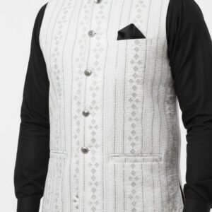 Classic White Vertical Embroidered Waistcoat – Premium Ethnic Wear