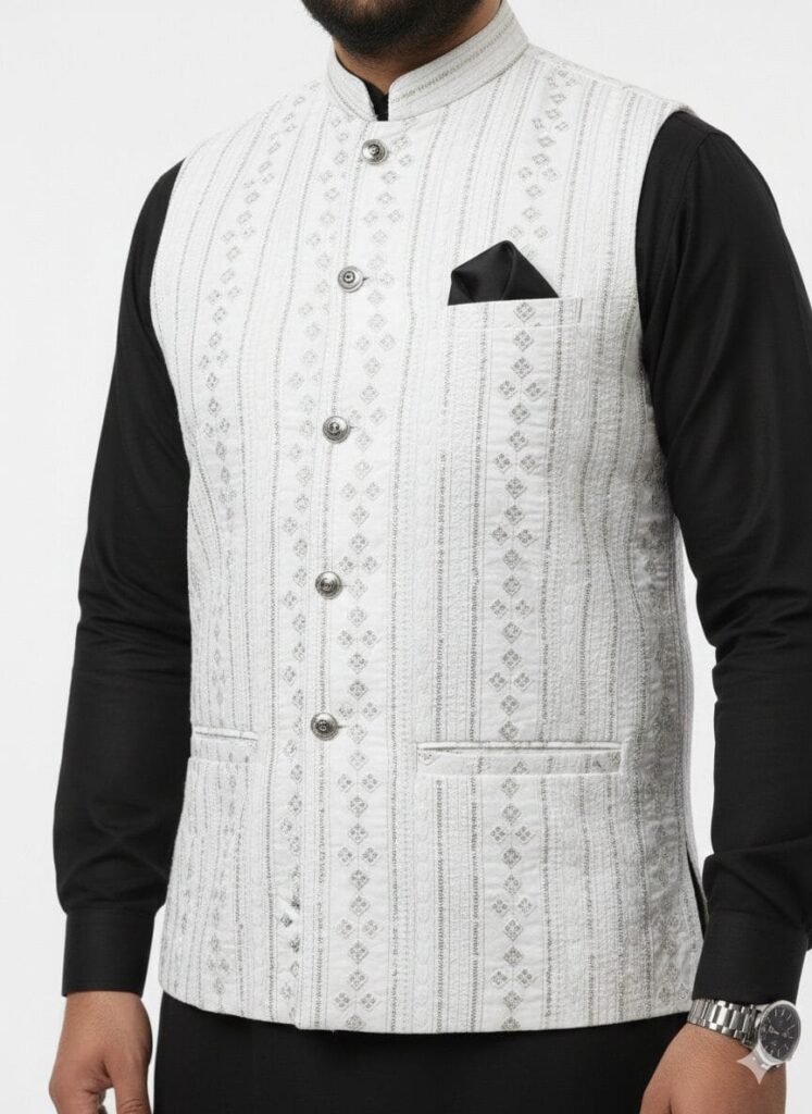 Classic White Vertical Embroidered Waistcoat – Premium Ethnic Wear