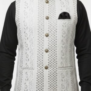 Elegant White Floral Embroidered Waistcoat – Traditional Festive Jacket