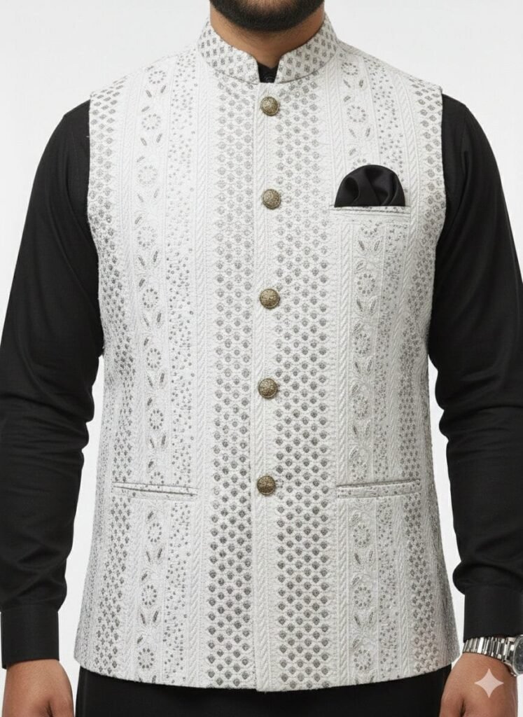 Elegant White Floral Embroidered Waistcoat – Traditional Festive Jacket