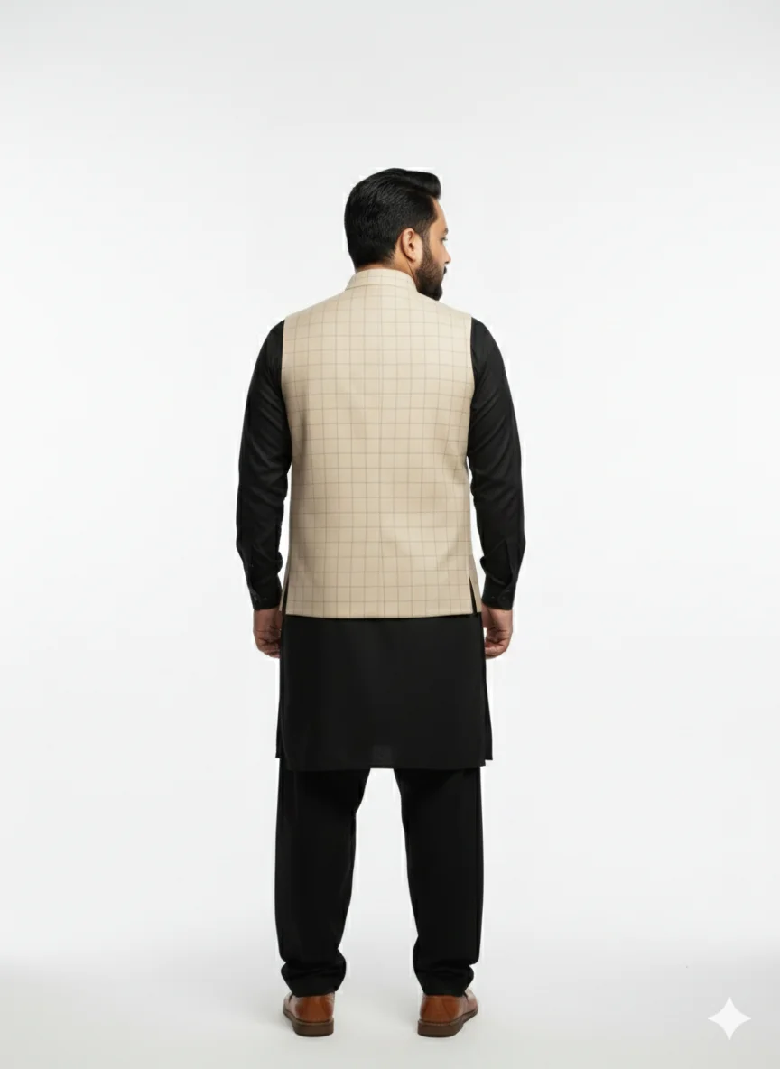 Luxury Beige Grid Check Waistcoat for Men | Formal Windowpane Pattern Vest | Men’s Designer Waistcoat for Wedding & Office - Image 4