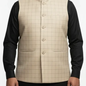 Luxury Beige Grid Check Waistcoat for Men | Formal Windowpane Pattern Vest | Men’s Designer Waistcoat for Wedding & Office