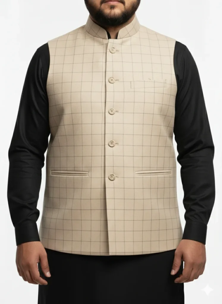 Luxury Beige Grid Check Waistcoat for Men | Formal Windowpane Pattern Vest | Men’s Designer Waistcoat for Wedding & Office