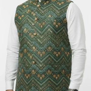 Style Regal Green Chevron Embroidered Waistcoat