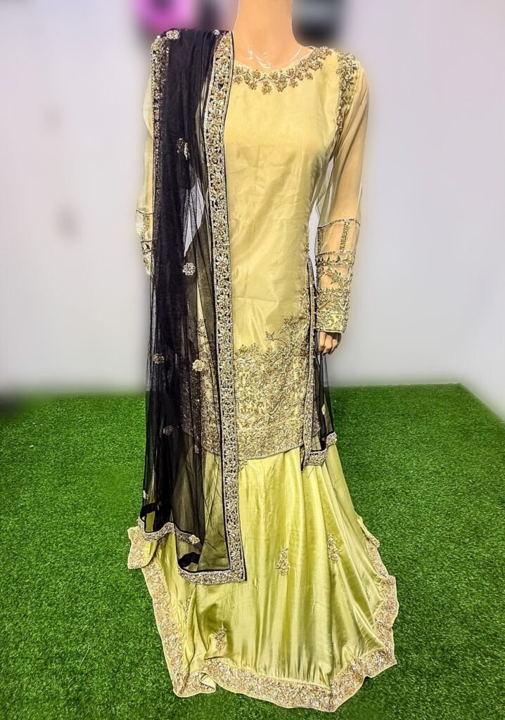 Golden Embroidered Gharara with Black Dupatta