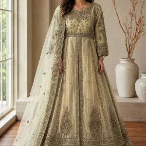 Champagne gold net maxi with beadwork by AL Hassan Lehnga House