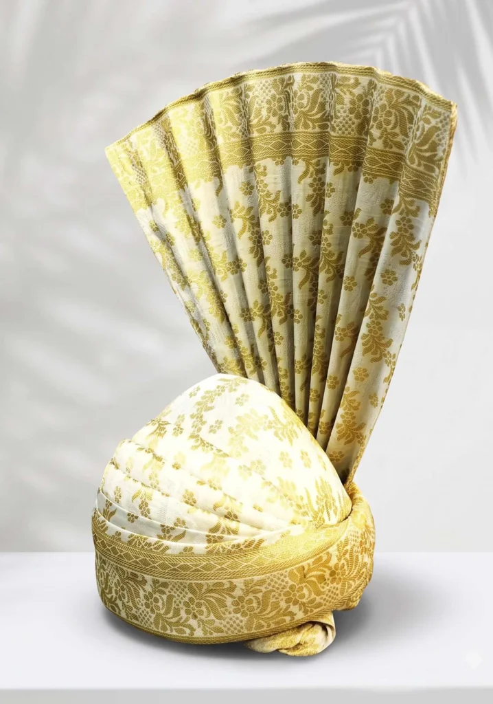 White & Golden Groom Turban with Intricate Weaving