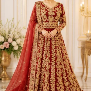 Luxury Red Bridal Embroidered Lehenga Choli with Net Dupatta – Heavy Zari Work Wedding Wear