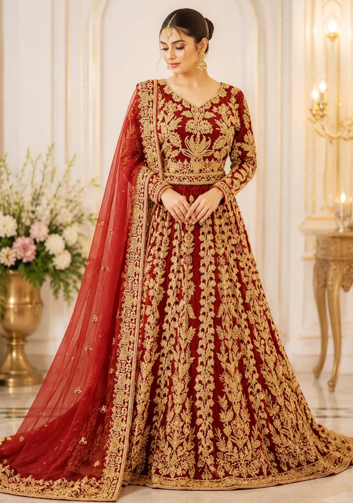 Luxury Red Bridal Embroidered Lehenga Choli with Net Dupatta – Heavy Zari Work Wedding Wear