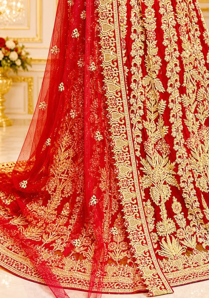 Luxury Red Bridal Embroidered Lehenga Choli with Net Dupatta – Heavy Zari Work Wedding Wear