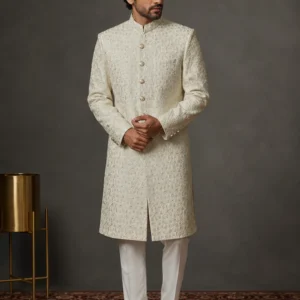 Model wearing the Ivory-Lata-Kalam ivory bespoke Sherwani with organic vine-inspired metallic detailing as seen in 1.webp, 2_2.webp, 3_2.webp, and 4_7.jpg.