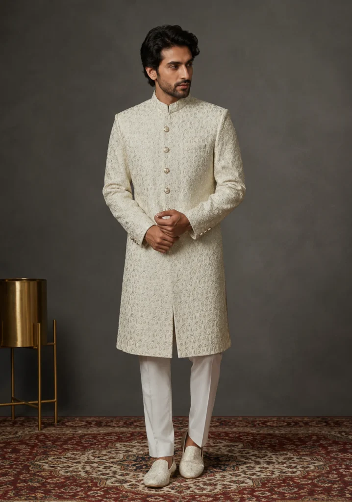 Ivory-Lata-Kalam – Ivory Monochromatic Sherwani for Groom Couture