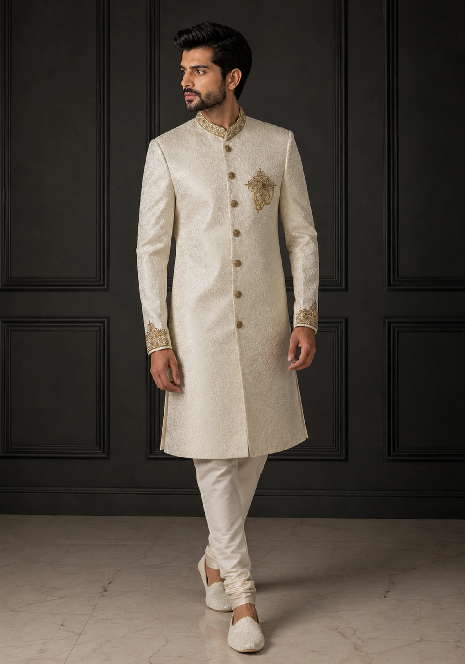 : A gentleman wearing the "Ivory Sovereign Heritage" premium sherwani, showcasing sharp tailoring and refined Zari work surface ornamentation as seen in 9.webp, 10.webp, 11.jpg, and 12.jpg.