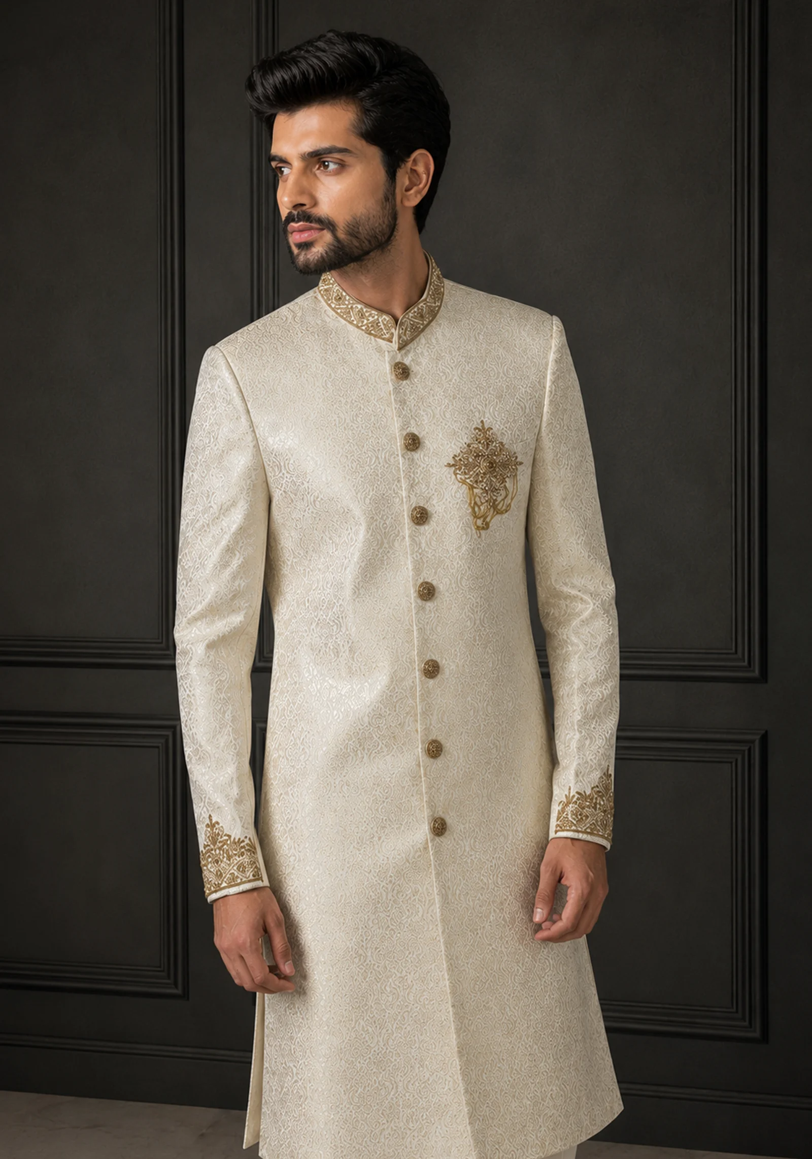 : A gentleman wearing the "Ivory Sovereign Heritage" premium sherwani, showcasing sharp tailoring and refined Zari work surface ornamentation as seen in 9.webp, 10.webp, 11.jpg, and 12.jpg.