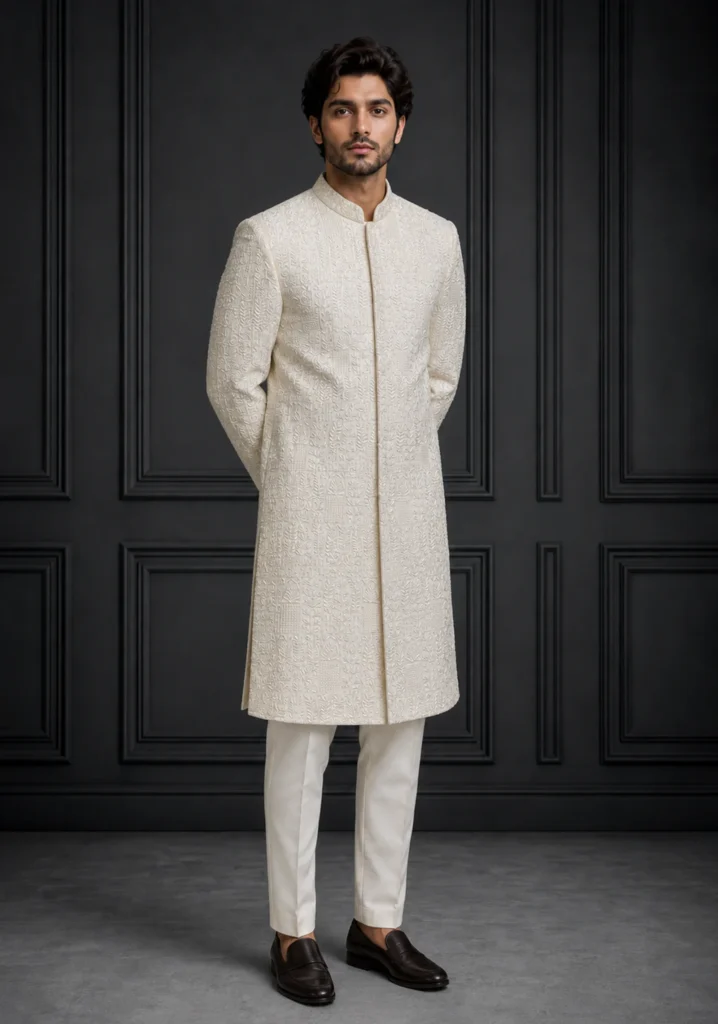 Sadaf-e-Noor – Ivory Bespoke Sherwani for Groom Couture