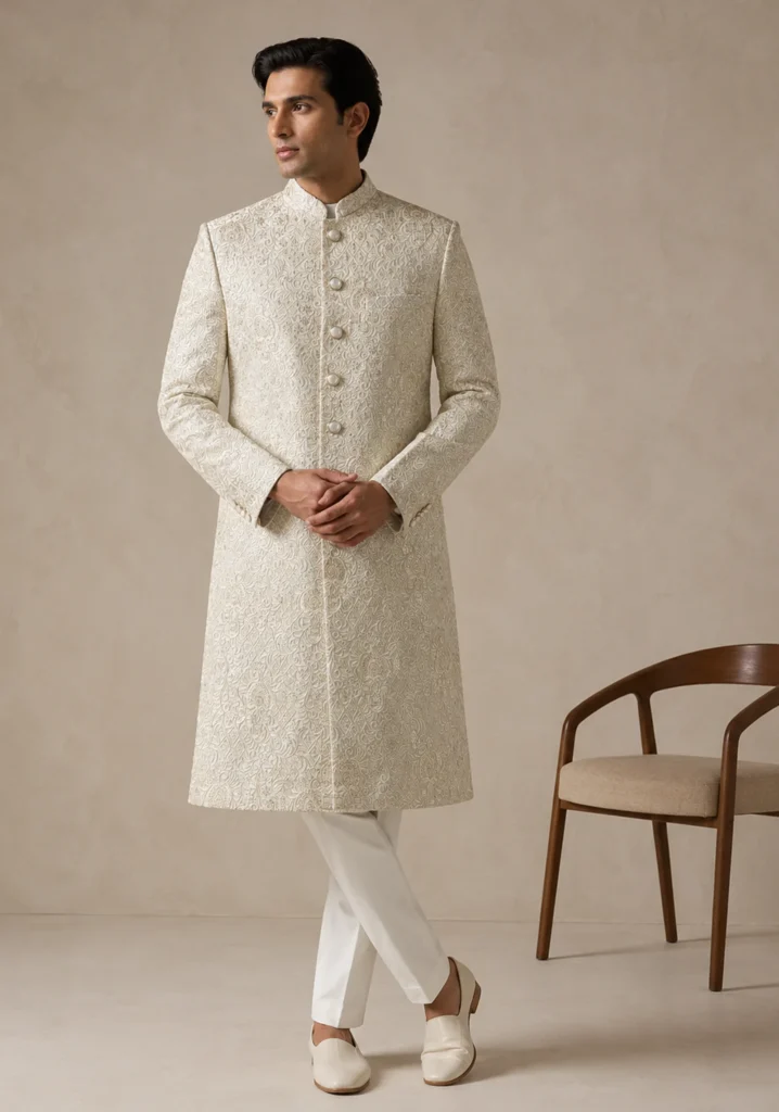 Ivory-Hisaar-Gul – Ivory Architectural Sherwani for Groom Couture