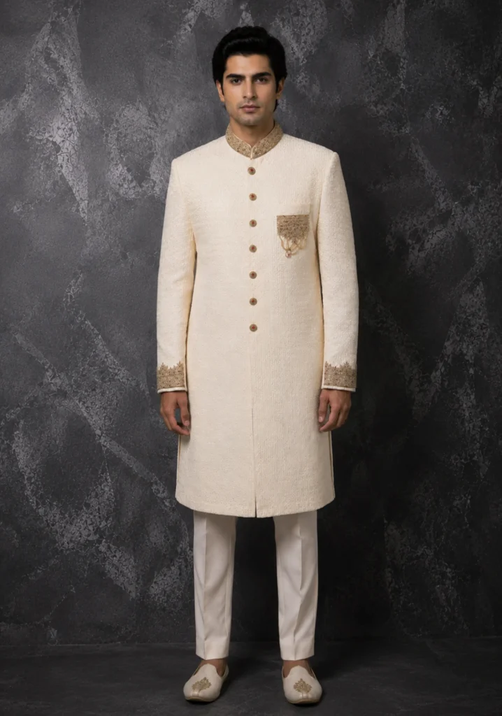 Sadaf-e-Noor – Ivory Bespoke Sherwani for Groom Couture