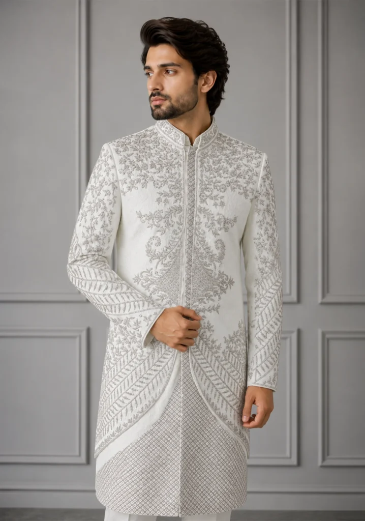Mehtaab-e-Sim – Ivory and Silver Bespoke Sherwani for Groom Couture