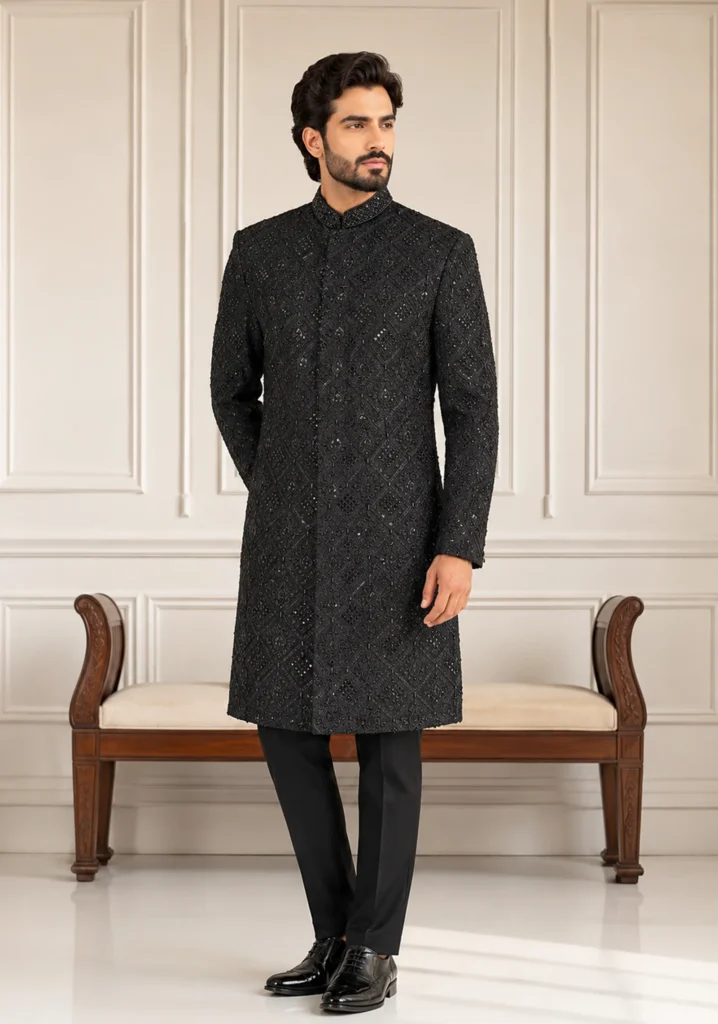 “Midnight Obsidian Royal” Premium Hand-Made Sherwani