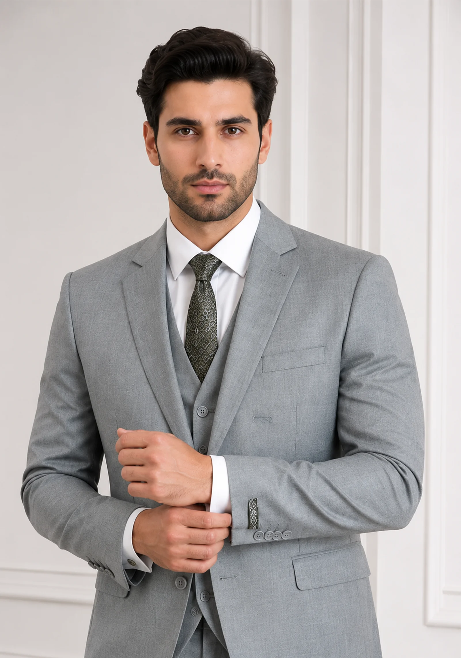 A gentleman wearing the "Silver Sovereign" premium three-piece suit in #a4a19a color, showcasing sharp tailoring and refined hand-made Zari work surface ornamentation as seen in 55.webp, 66.webp, 77.webp, and 99_2.webp.